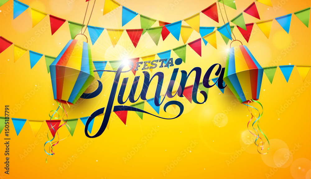 Festa Junina Banner Design with Party Flags, Paper Lantern and Typography Lettering on Yellow Falling Confetti Background. Vector Brazil Sao Joao June Festival Illustration for Greeting Card, Banner