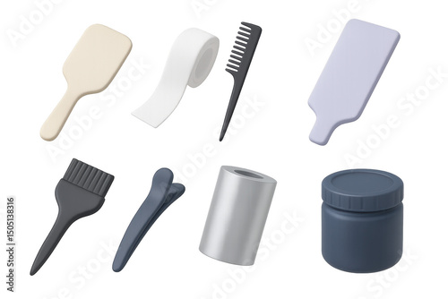 Balayage Tools Icons. 3D icon set of balayage and highlighting tools: balayage paddle, wrap strip, teasing