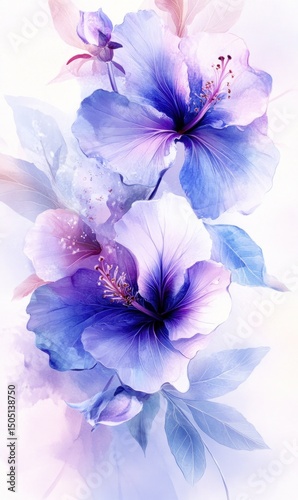 Dreamy watercolor illustration of violet and blue hibiscus flowers arrangement