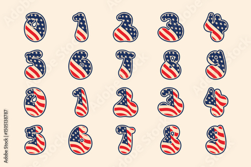 Stylized Numbers Featuring American Flag Graphics in Vintage Style