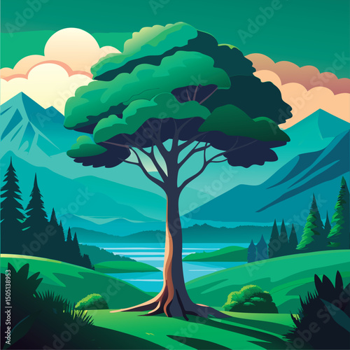 Serene mountain landscape with large tree.