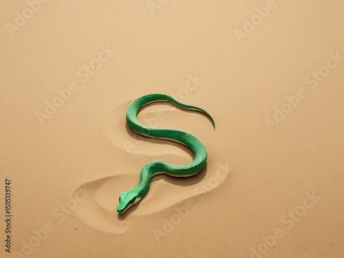  A delicate origami snake rests upon a serene sandy backdrop