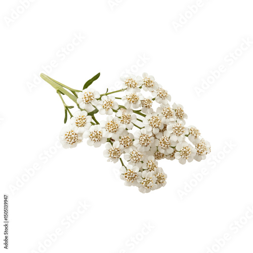 Sprig of Yarrow Flowers with White Blossoms and Green Stems