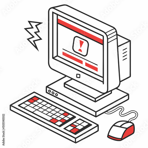 Vector illustration of desktop computer showing system error, isolated on white background