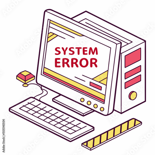 Vector illustration of desktop computer showing system error, isolated on white background