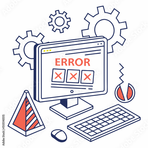 Vector illustration of desktop computer showing system error, isolated on white background