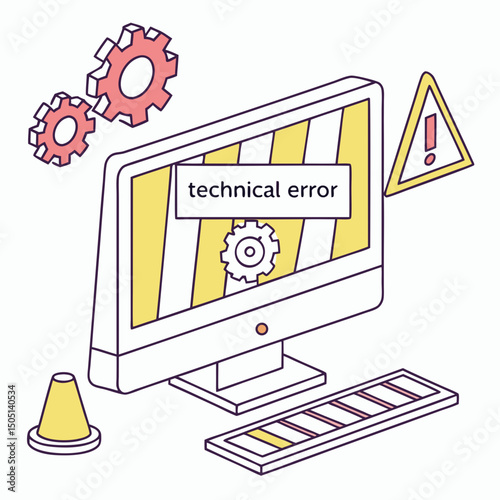 Vector illustration of desktop computer showing system error, isolated on white background