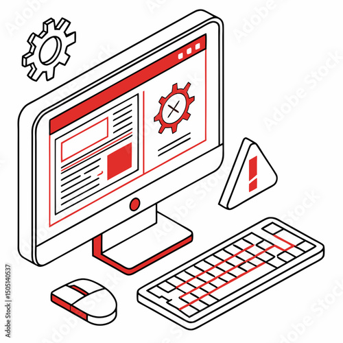 Vector illustration of desktop computer showing system error, isolated on white background