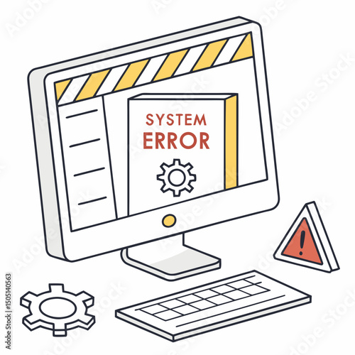 Vector illustration of desktop computer showing system error, isolated on white background