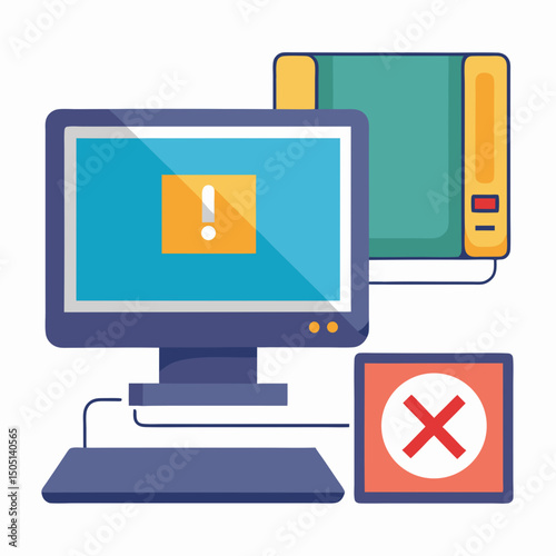 Vector illustration of desktop computer showing system error, isolated on white background