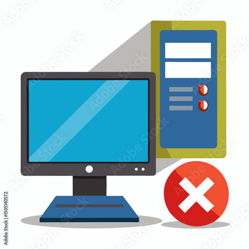 Vector illustration of desktop computer showing system error, isolated on white background