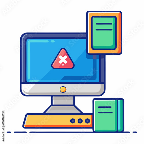 Vector illustration of desktop computer showing system error, isolated on white background