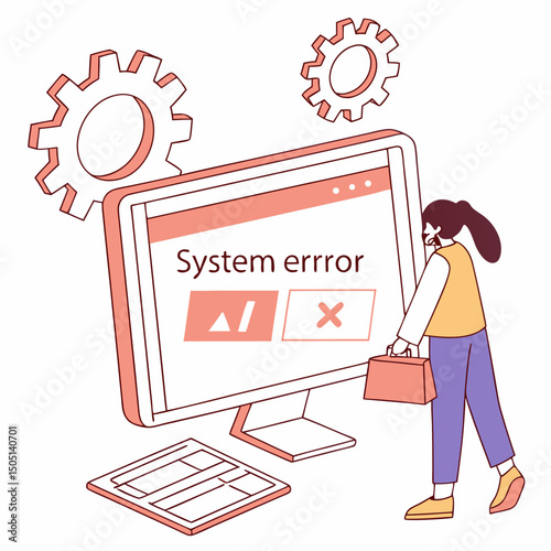 Vector illustration of desktop computer showing system error, isolated on white background