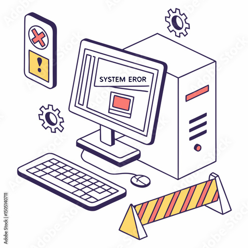 Vector illustration of desktop computer showing system error, isolated on white background