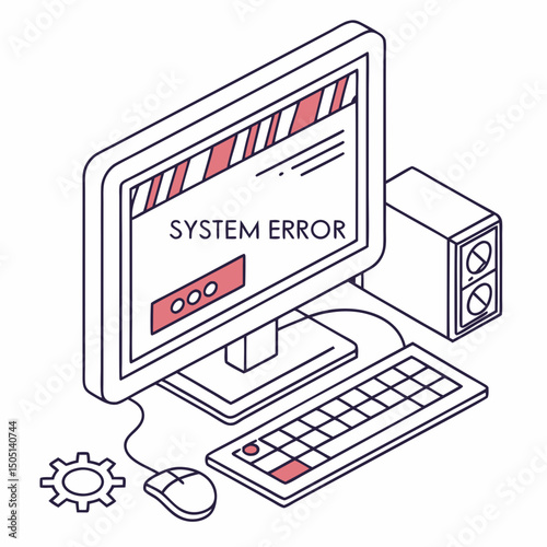 Vector illustration of desktop computer showing system error, isolated on white background