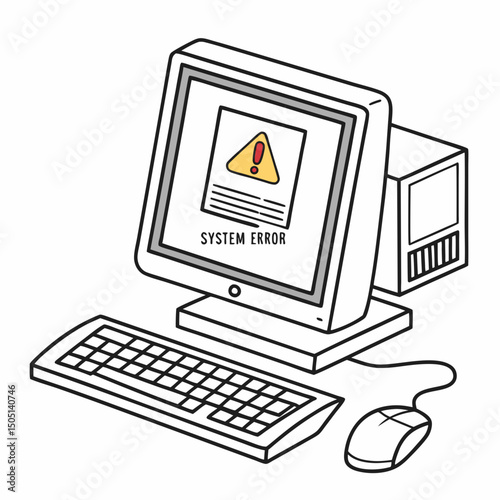 Vector illustration of desktop computer showing system error, isolated on white background