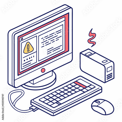 Vector illustration of desktop computer showing system error, isolated on white background