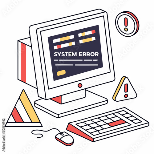 Vector illustration of desktop computer showing system error, isolated on white background
