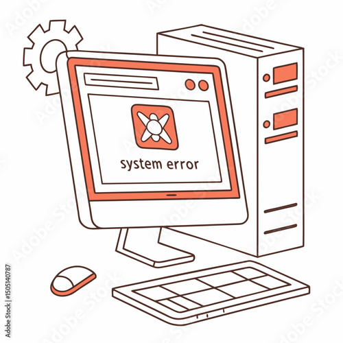 Vector illustration of desktop computer showing system error, isolated on white background