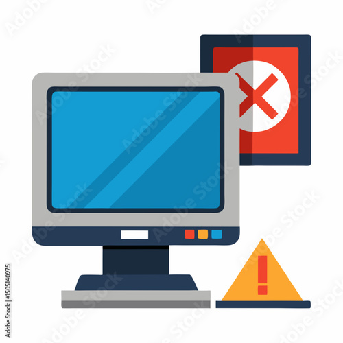 Vector illustration of desktop computer showing system error, isolated on white background