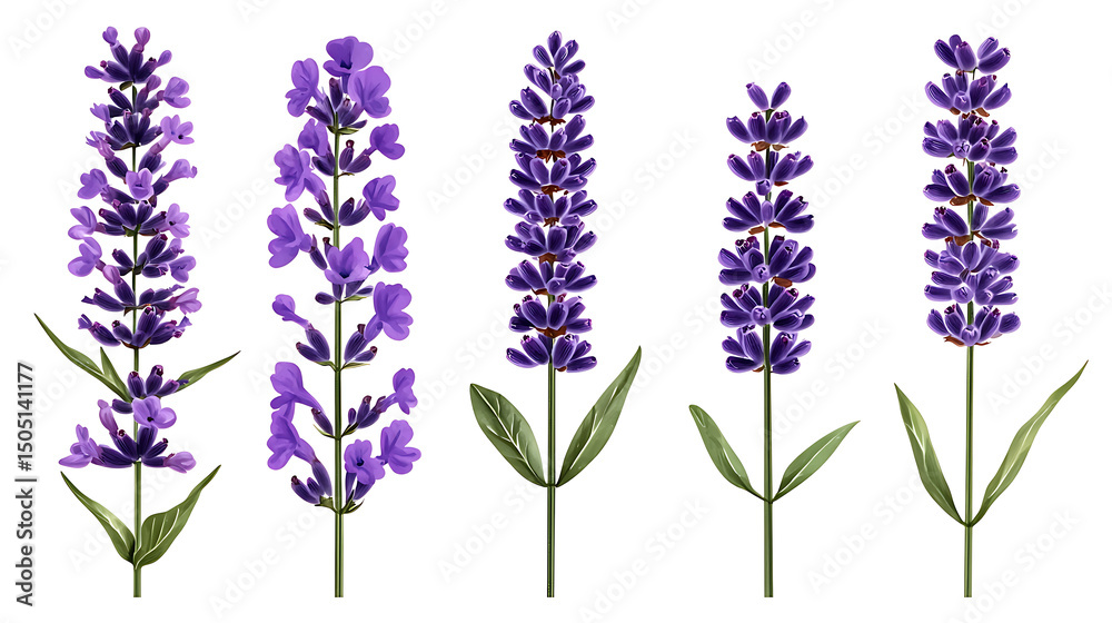 Fototapeta premium Beautiful collection set of vibrant watercolor lavender flowers and green leaves with copy space perfect for adding text
