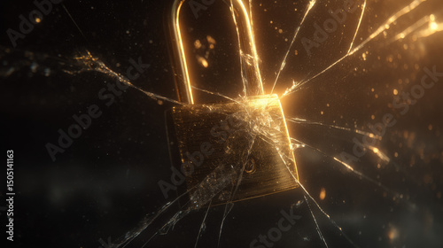 Glowing digital padlock with cracked screen symbolizing cybersecurity vulnerability and data breach risk, concept of online safety and digital protection.