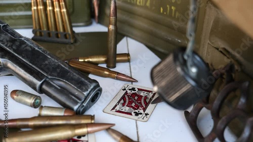 Gun and a deck of cards are laying on a table. The gun is surrounded by bullets and the deck of cards is on top of the bullets