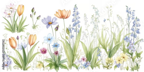 Watercolor Spring Flowers Meadow Botanical Illustration Tulips Cosmos Bluebells