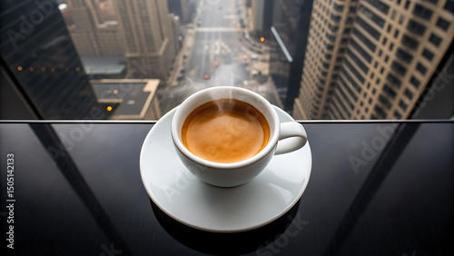 Foodie travel private jet Steaming espresso coffee white cup black table with city view perfect for foodie travel and private