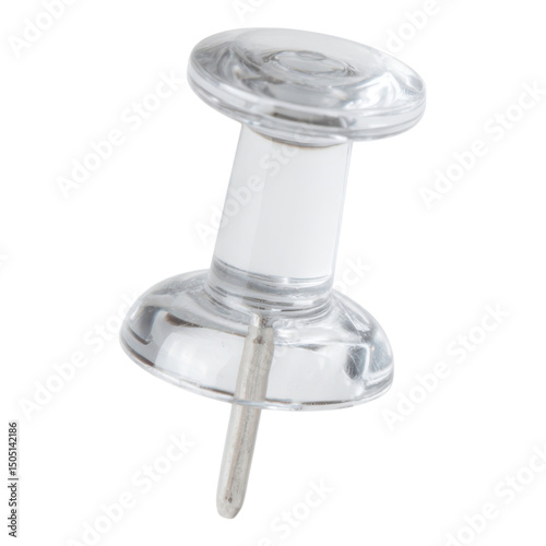 A clear push pin with a cylindrical body and sharp metal point.