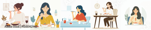 vector of a woman practicing eating spaghetti