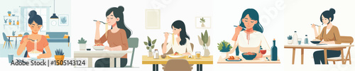 vector of a woman practicing eating spaghetti