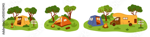 Camping composition. Landscape with trees and bushes. Camp tent and bonfire, car and van. Tourist campsite, outdoor adventure in forest. Hiking tourism summer vacation vector cartoon flat illustration