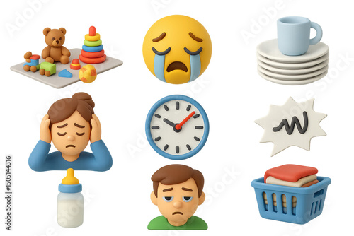 Chaos and Efficiency Icons. 3D icon set of overwhelmed parents: toys everywhere, crying emoji, dishes stack,