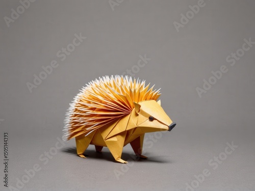  An elegant origami porcupine gracefully rests on a soft mushroom gray canvas