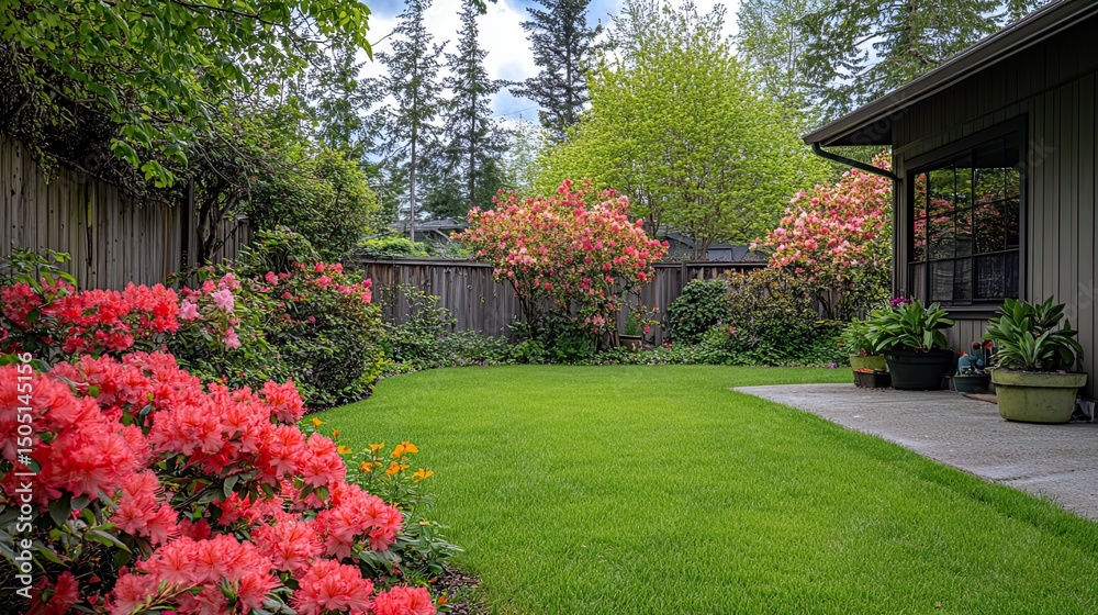 Naklejka premium A vibrant spring garden with blooming rhododendrons and lush green lawn evoking peace and beauty in a suburban backyard