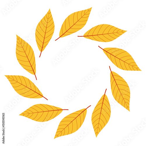 Round frame with autumn leaves. Yellow leaves arranged in a circular pattern celebrating the autumn season and natures beauty.