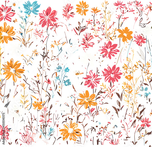 Elegant Floral Illustration Black Grass and Stems with Pastel Watercolor Blooms