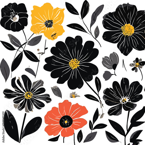 Elegant Floral Illustration Black Grass and Stems with Pastel Watercolor Blooms