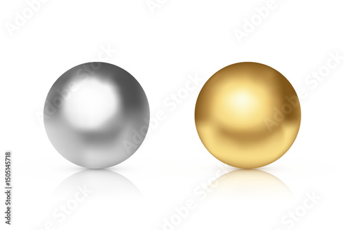 Metal balls. Gold and silver metallic spheres with reflections and shadows. Realistic vector illustration.