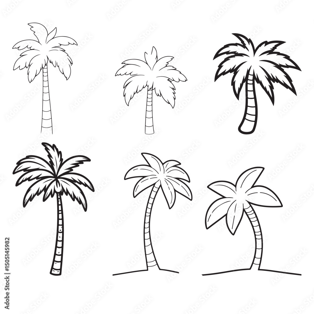 Fototapeta premium Collection of detailed hand drawn palm tree illustrations in various cartoon styles isolated on white background