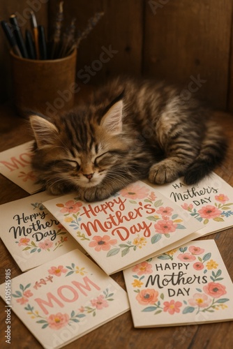 Cute kitten sleeping on mother's day cards in cozy setting