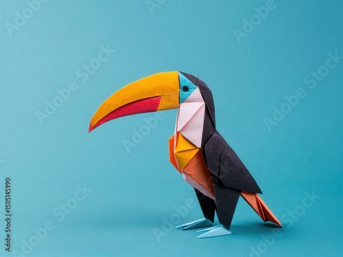  A vibrant origami toucan elegantly placed against a serene tropical blue backdrop
