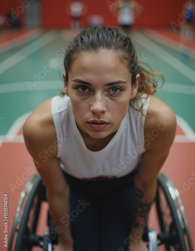 Wheelchair basketball athlete focused on the court baseline