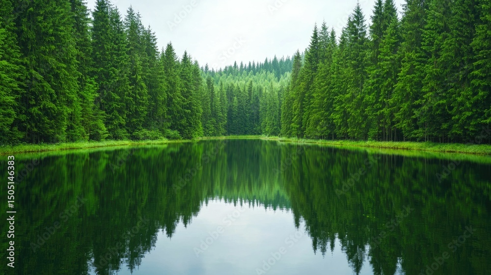 Obraz premium Serene forest reflection in tranquil lake showcases the delicate balance and beauty of a natural ecosystem This stunning landscape imparts a sense of peace solitude and quiet contemplation