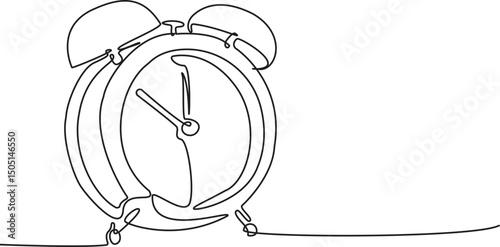 Single continuous line drawing of an alarm clock, Clock with arrow. One thin line continuous symbol, Continuous one line drawing of vintage alarm clock. Vector Illustration.