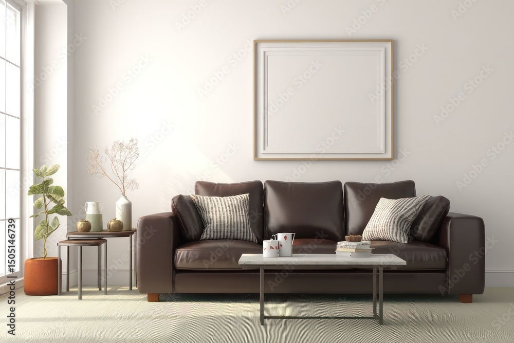 Fototapeta premium Stylish living room with leather furniture, an empty wall for artwork, and minimalist decor elements.