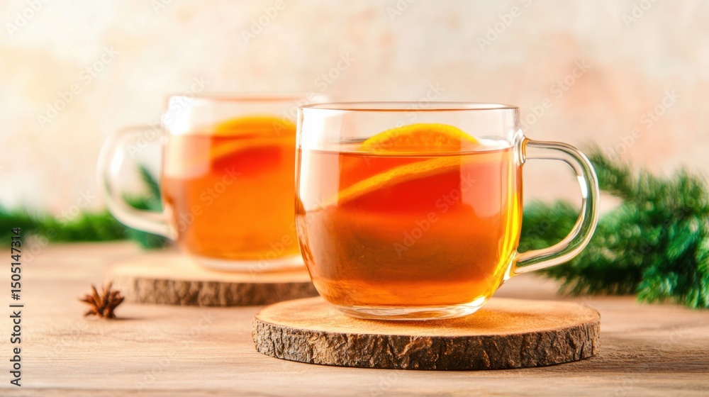 Two glass mugs hold warm herbal tea with orange slices, resting on wooden coasters surrounded by greenery Two glass mugs hold warm herbal tea with orange slices, resting on wooden coasters surrounded by greenery