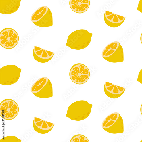 Bright yellow lemons and lemon slices create a cheerful pattern on a white background for a playful design theme