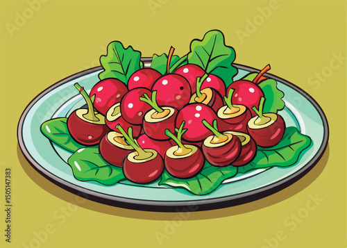 Colorful plate of halved red fruits.